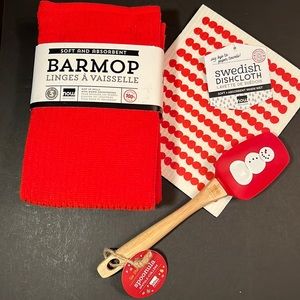 now DESIGNS red 100% cotton s/3 barmops, red Swedish dishcloth, snowman spatula